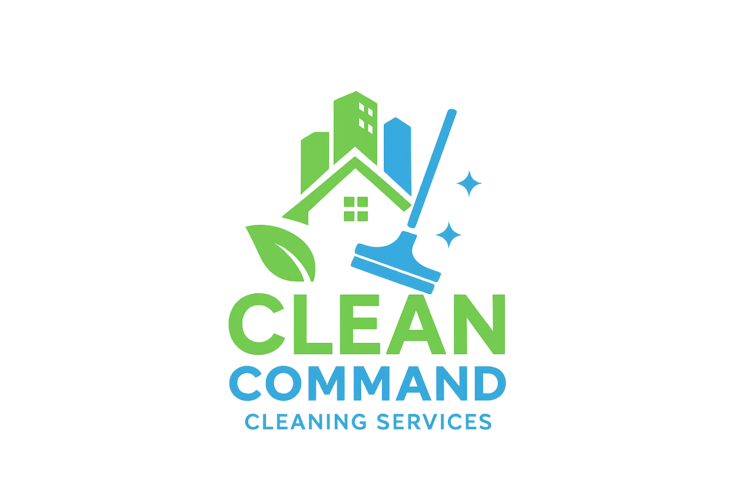Clean Command logo, blue and green four-square with broom, leaf, shovel and spray bottle with stars